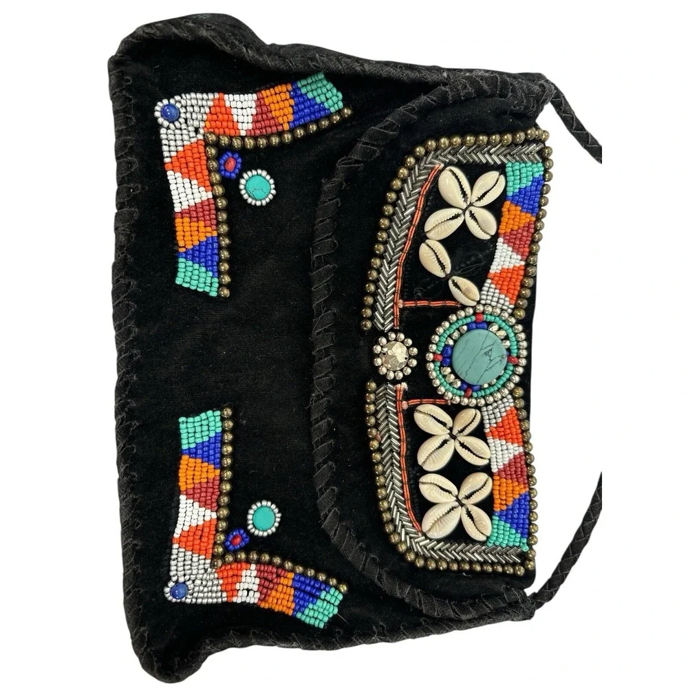 Vintage Bohemian Hobo‎ Embroidered Embellished Crossbody Black Suede Purse Bag